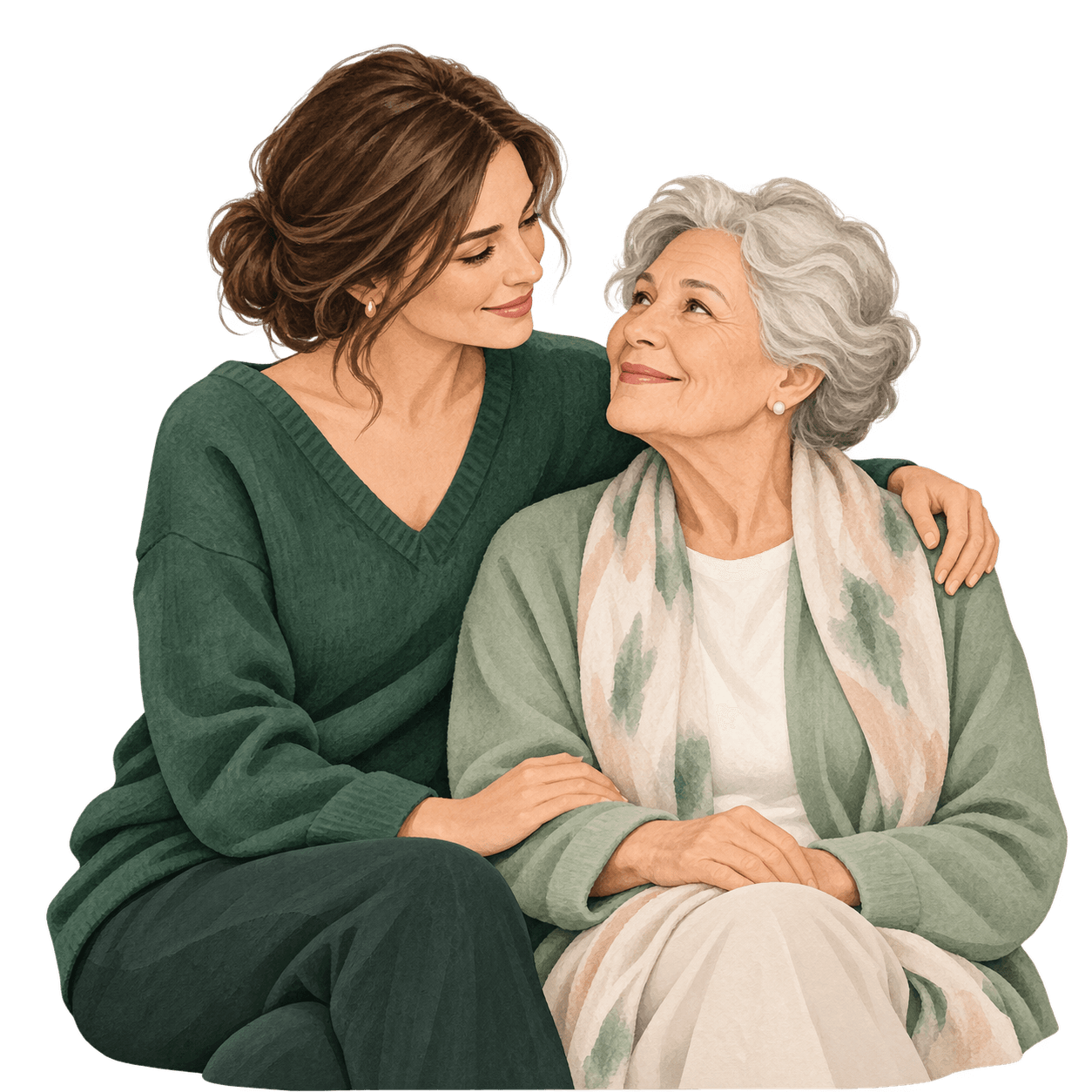 An adult daughter sitting closely with her elderly mother